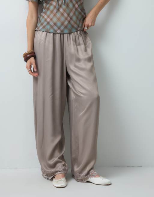 Reclaimed vintage satin trouser with lace trim in mushroom, 5 of 5