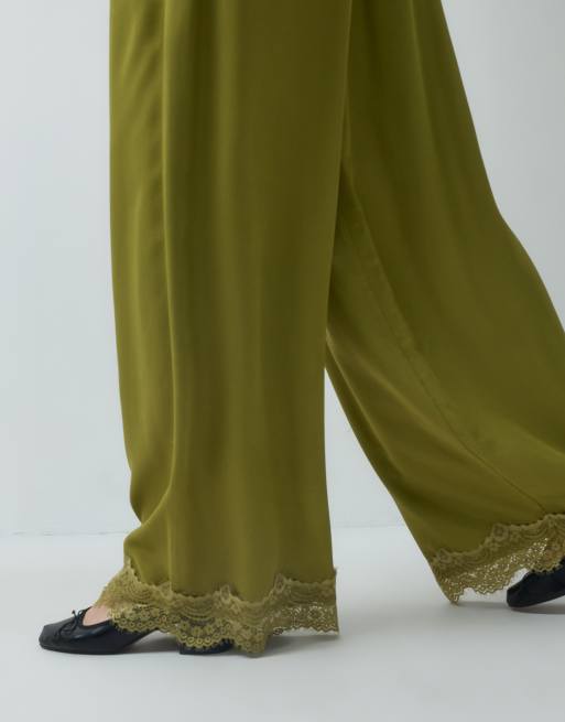 Reclaimed vintage satin trouser with lace trim in olive khaki, 2 of 5