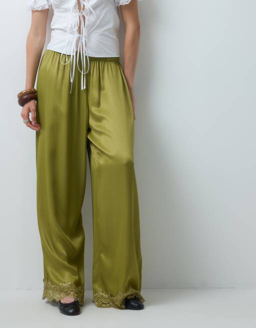 Reclaimed vintage satin trouser with lace trim in olive khaki, 4 of 5