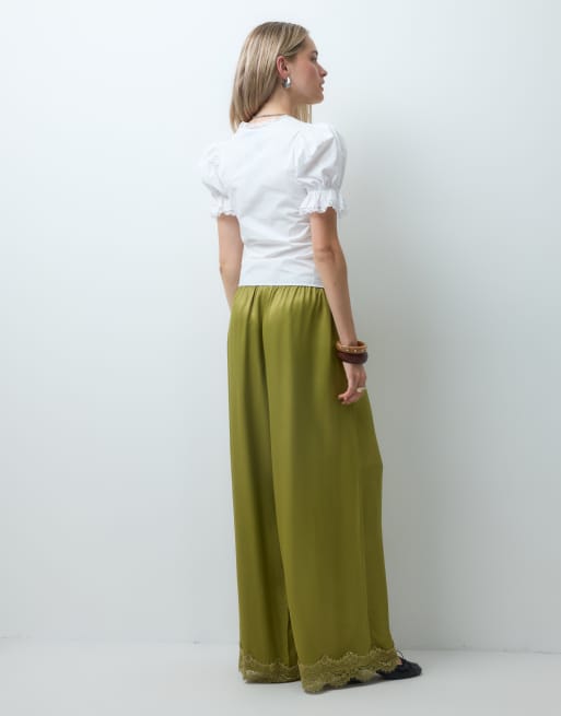 Reclaimed vintage satin trouser with lace trim in olive khaki, 5 of 5