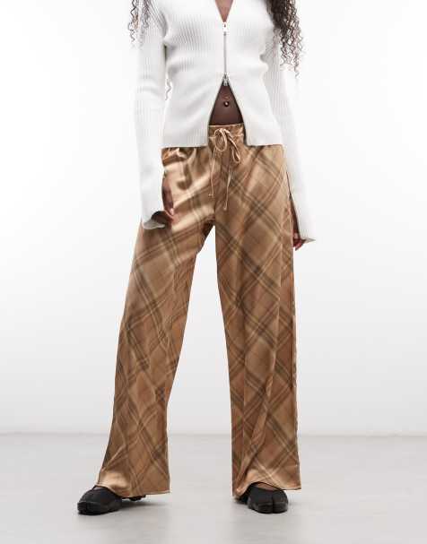 Reclaimed Vintage satin wide leg pants in beige check - view 1