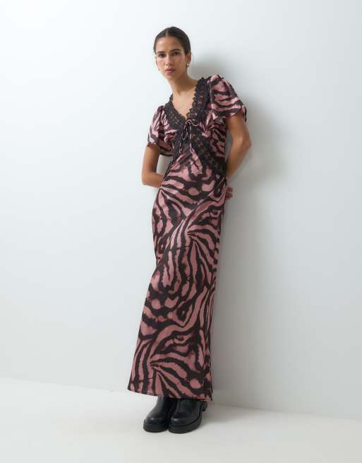 Reclaimed Vintage satinkjole i maxi-længde med zebra-print, 1 af 5