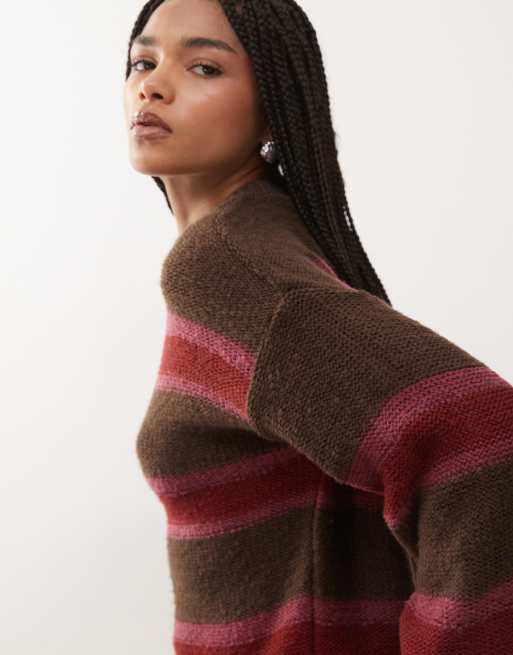 Reclaimed Vintage – Schlichter Strickpullover in Pflaume mit bunten Streifen, 2 von 4