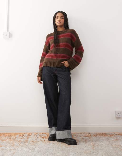 Reclaimed Vintage – Schlichter Strickpullover in Pflaume mit bunten Streifen, 3 von 4