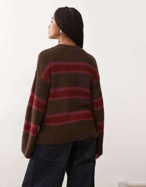 Reclaimed Vintage – Schlichter Strickpullover in Pflaume mit bunten Streifen, 4 von 4