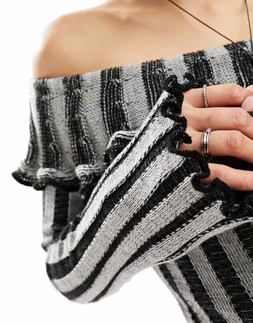 Reclaimed Vintage – Schulterfreier Pullover aus plattiertem Rippstrick in Grau, 2 von 4