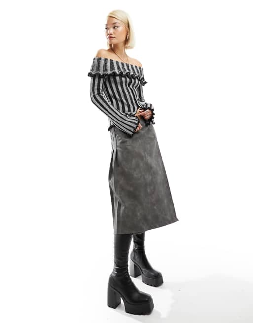 Reclaimed Vintage – Schulterfreier Pullover aus plattiertem Rippstrick in Grau, 4 von 4