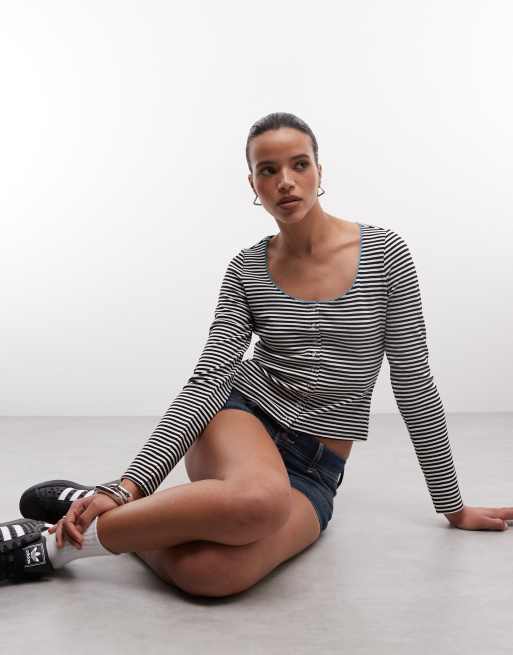 Reclaimed Vintage scoop neck button through stripe top with teal lace trim