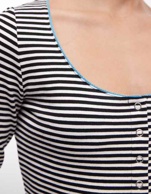 Reclaimed Vintage scoop neck button through stripe top with teal lace trim, 3 of 4