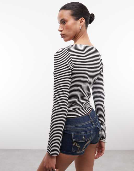 Reclaimed Vintage scoop neck button through stripe top with teal lace trim, 4 of 4