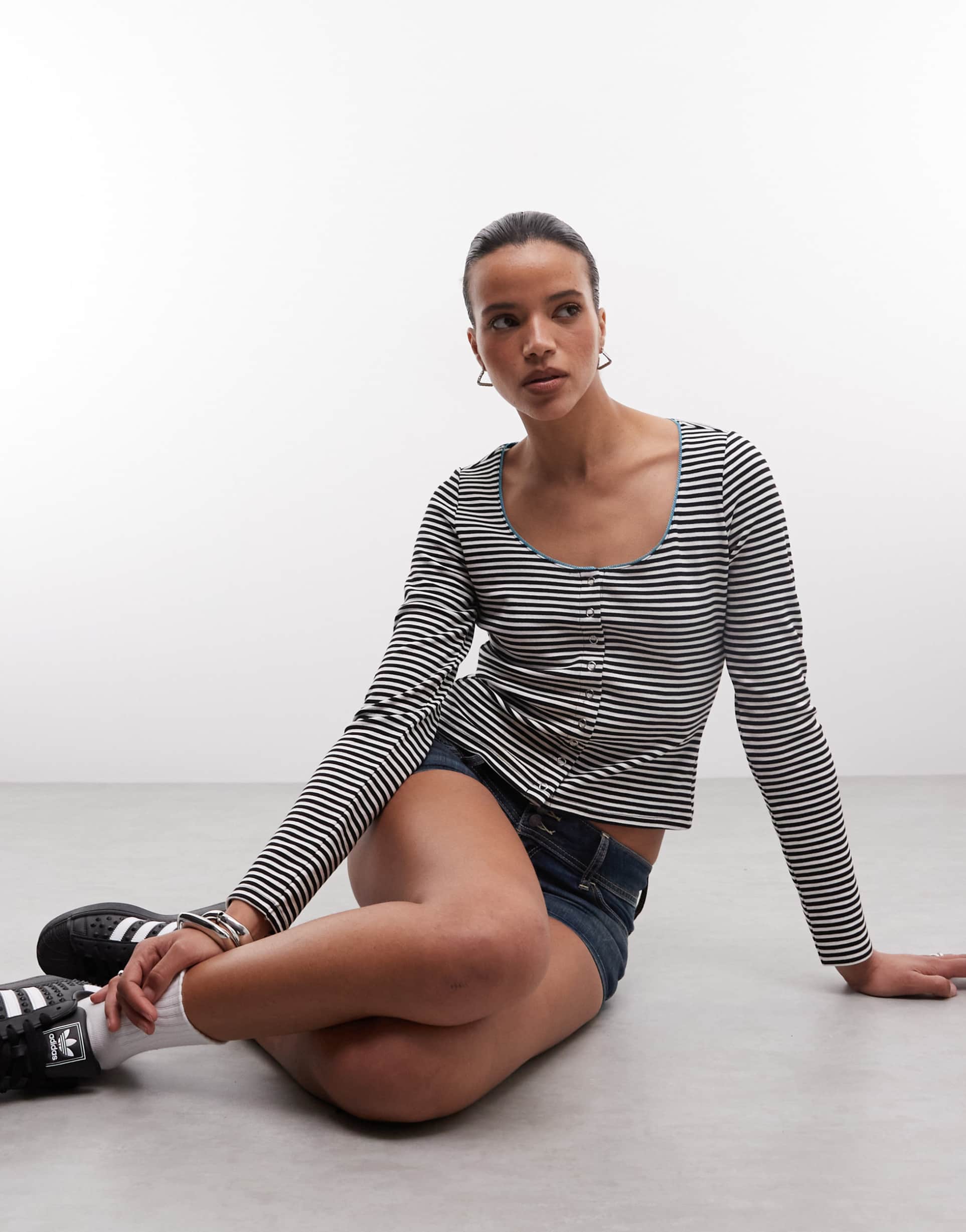 reclaimed vintage scoop neck button up striped top with teal lace trim