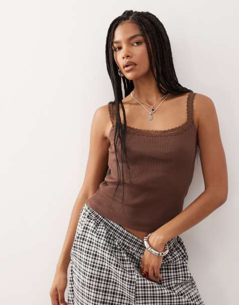 Reclaimed Vintage scoop neck ribbed top with satin lace trim in brown - view 1