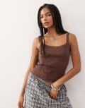 [Reclaimed Vintage] Reclaimed Vintage scoop neck ribbed top with satin lace trim in brown S Brown