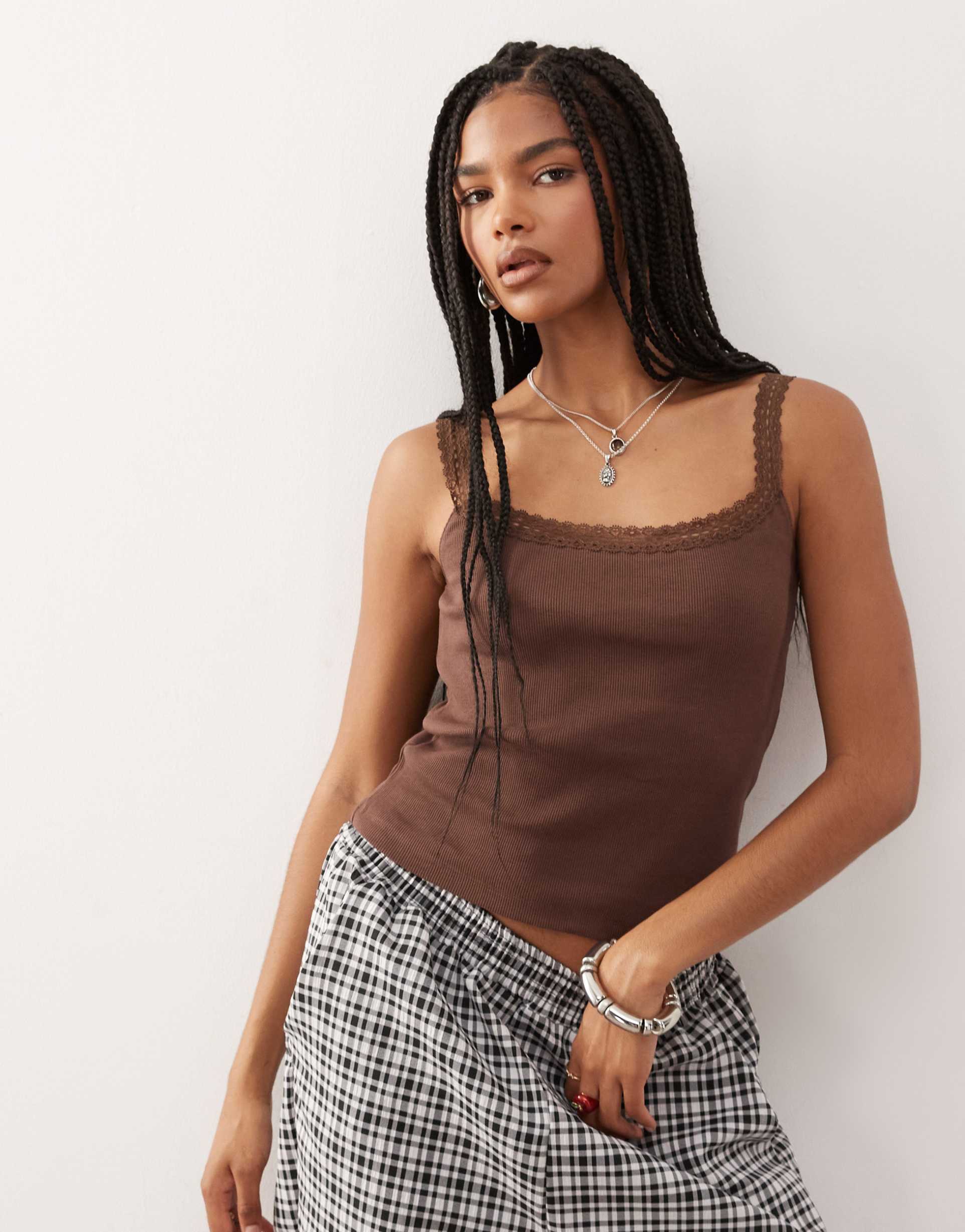 reclaimed vintage scoop neck ribbed top with satin lace trim in brown
