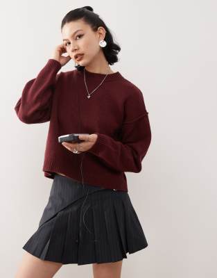 Reclaimed Vintage seam detail crew neck jumper in burgundy-Red