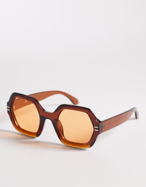 Reclaimed Vintage – Sechseckige Oversize-Brille in Burgunderrot mit orangefarbenen Gläsern - view 1