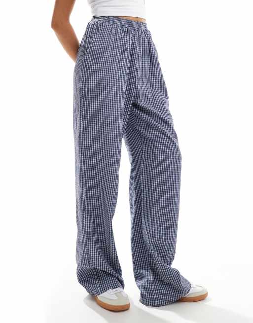 Reclaimed Vintage - Seersucker broek met elastische taille en gingham ruit in blauw