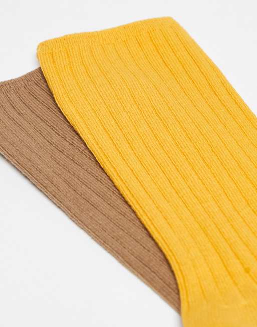 Reclaimed Vintage – Senapsgula och ljusbruna, ribbade, ankellånga strumpor, 2-pack, 2 av 3