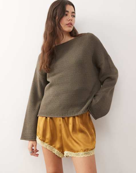 Reclaimed Vintage - Sennepsgule og grønne shorts med blondekanter i satin - view 1