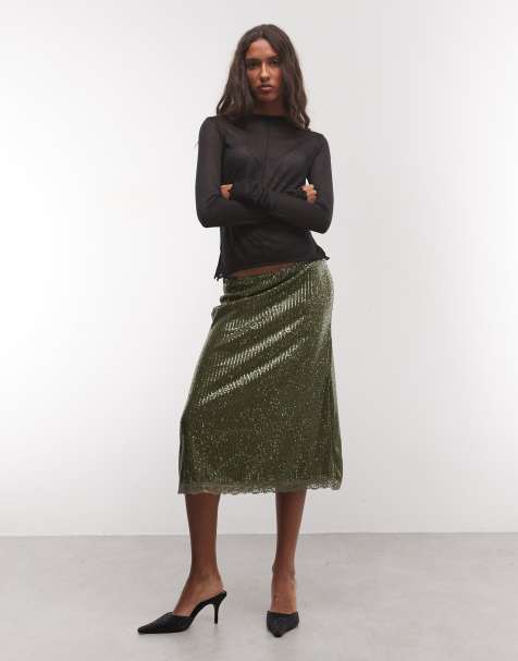 Reclaimed Vintage sequin 90s length skirt in khaki