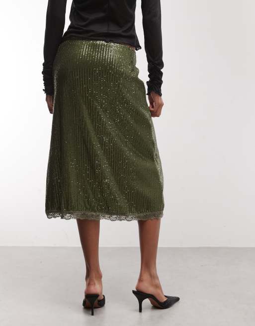 Reclaimed Vintage sequin 90s length skirt in khaki, 4 of 5