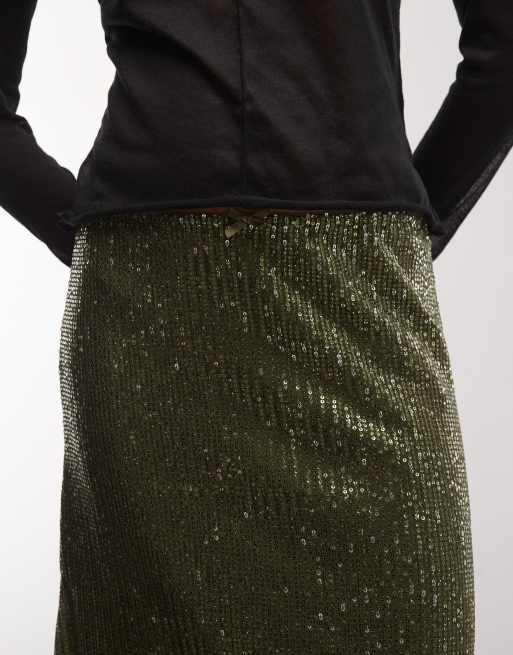 Reclaimed Vintage sequin 90s length skirt in khaki, 5 of 5