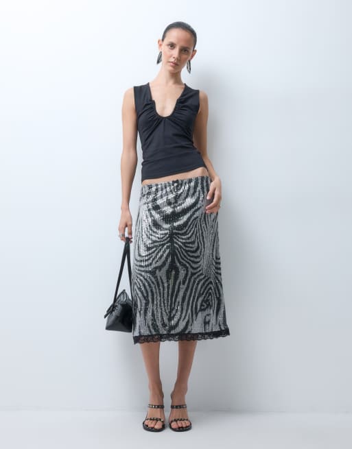 Reclaimed Vintage sequin 90s length skirt in zebra print, 1 of 5