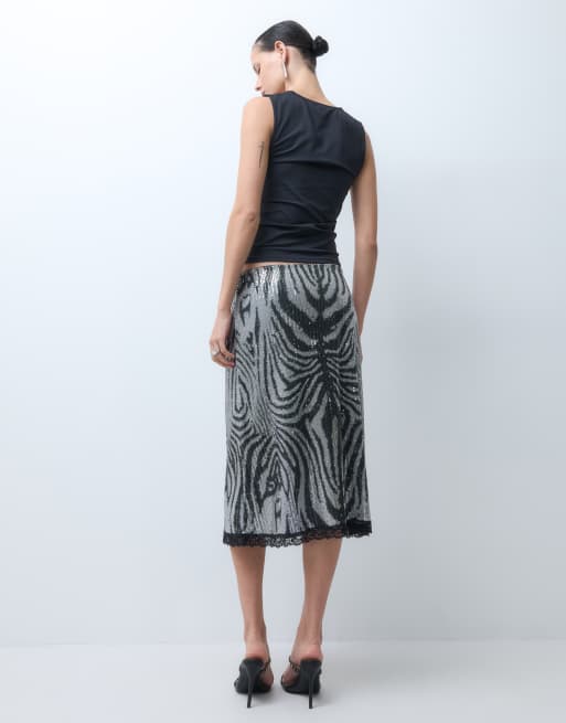 Reclaimed Vintage sequin 90s length skirt in zebra print, 5 of 5