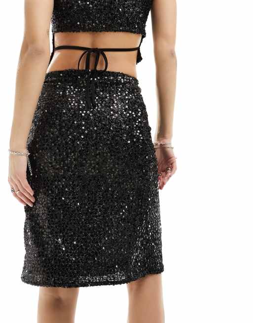Reclaimed Vintage sequin midi skirt in black part of a set ASOS
