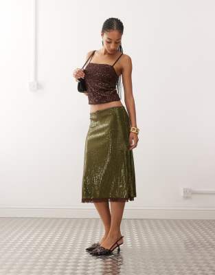 Reclaimed Vintage Sequin Midi Skirt With Contrast Lace Trim In Green
