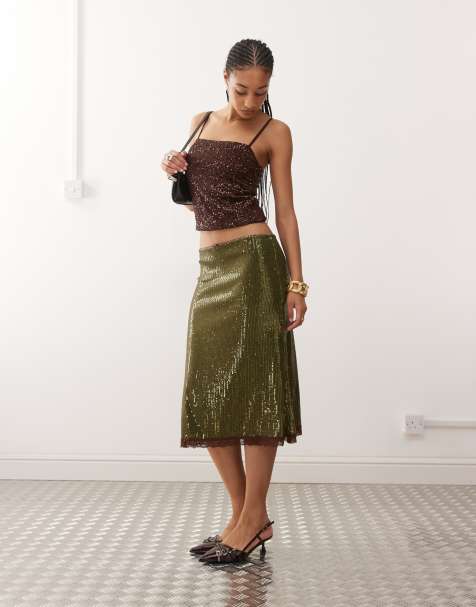 Reclaimed Vintage sequin midi skirt with contrast lace trim in olive green - view 1