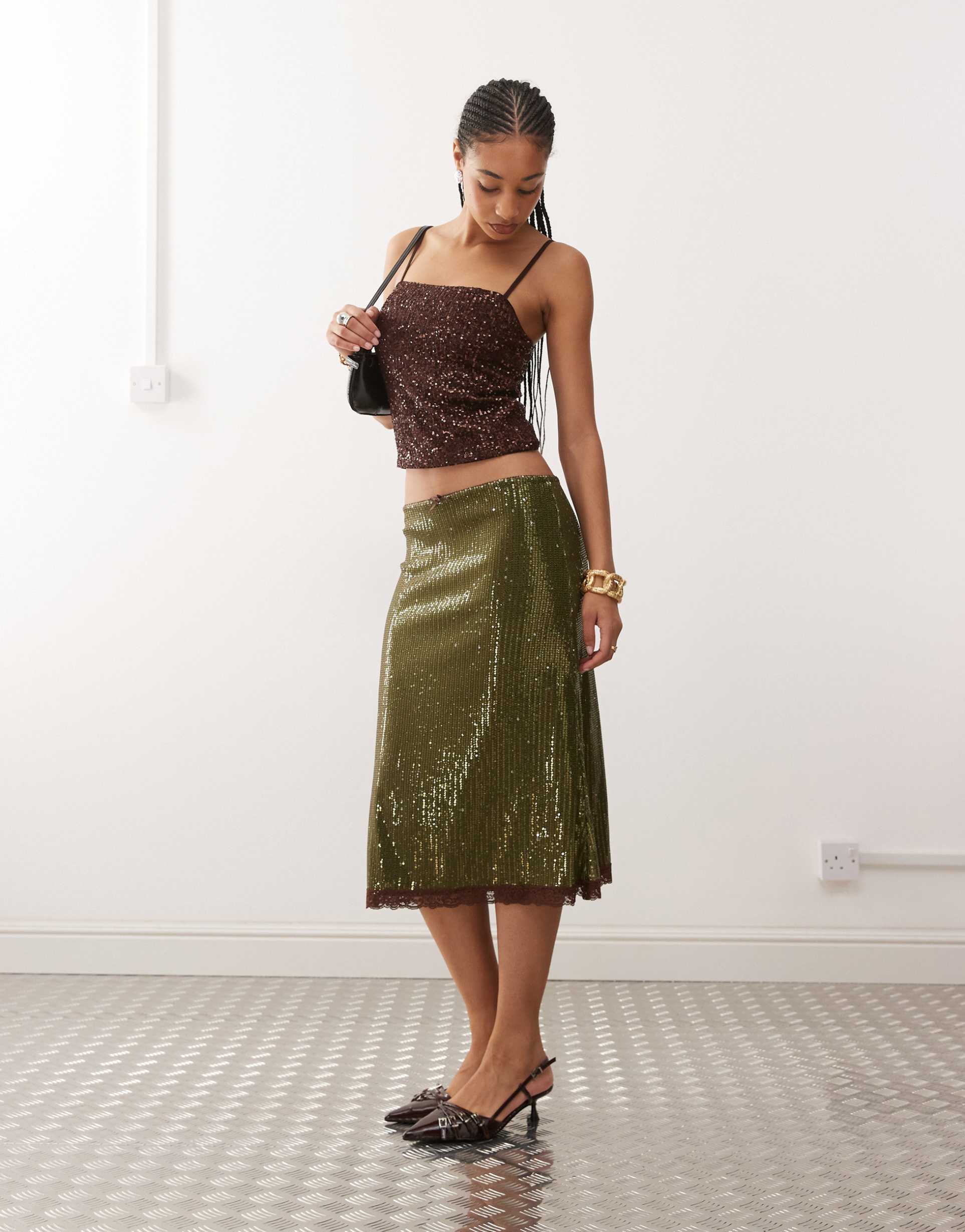 reclaimed vintage sequin midi skirt with contrast lace trim in olive green