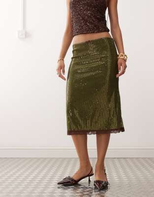 Reclaimed Vintage sequin midi skirt with contrast lace trim in