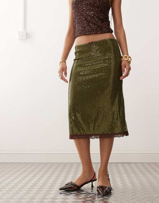 Reclaimed Vintage sequin midi skirt with contrast lace trim in