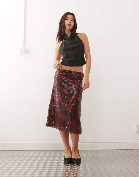 Reclaimed Vintage sequin midi skirt with lace hem in burgundy floral print - view 1