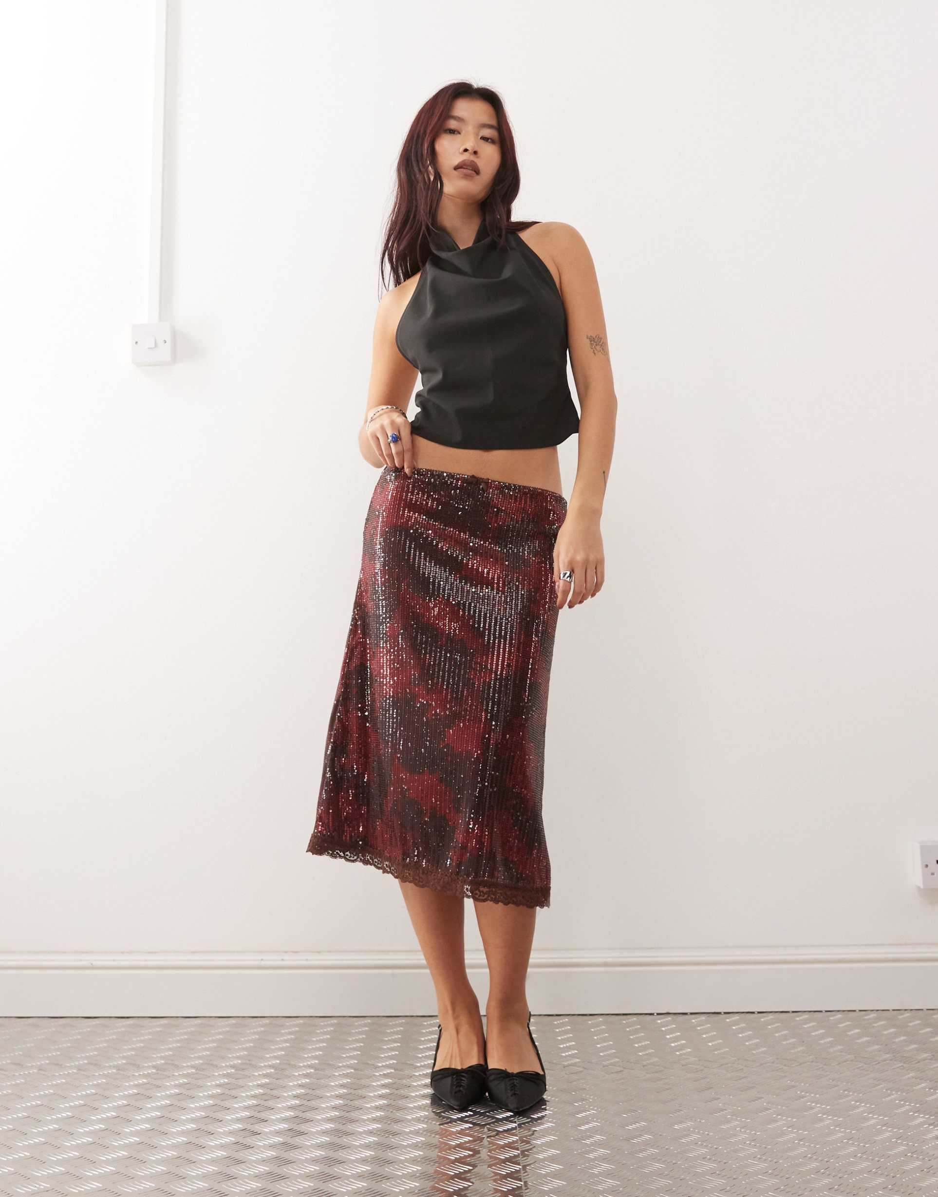 reclaimed vintage sequin midi skirt with lace hem in burgundy floral print