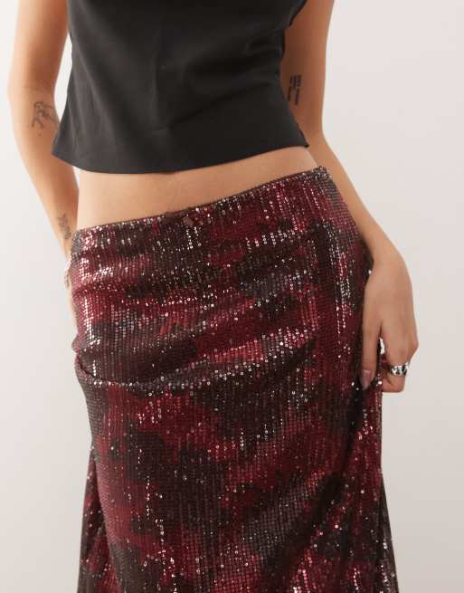 Reclaimed Vintage sequin midi skirt with lace hem in burgundy floral print