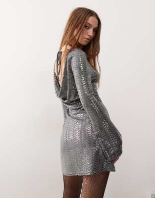 sequin mini dress with cowl back in silver