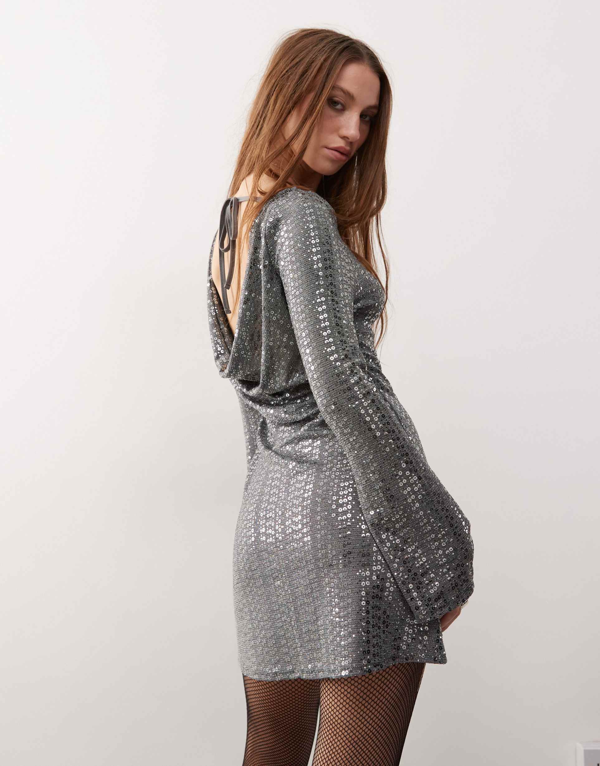 reclaimed vintage sequin mini dress with cowl back in silver