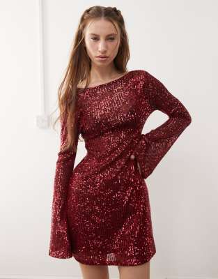 sequin mini party dress in burgundy-Red