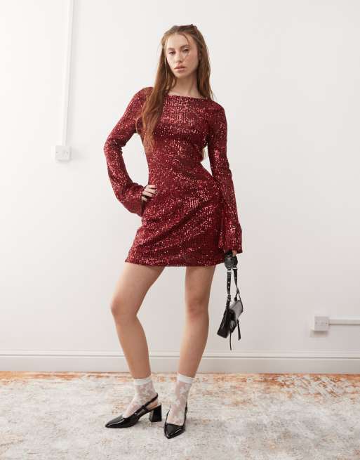 Reclaimed Vintage sequin mini party dress in burgundy ASOS