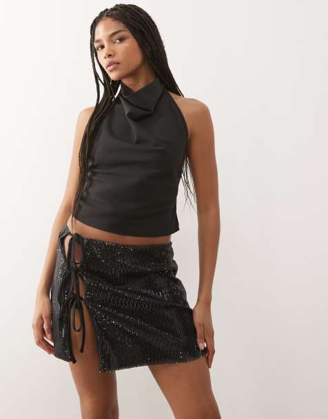 Reclaimed Vintage sequin mini skirt with side ties in black