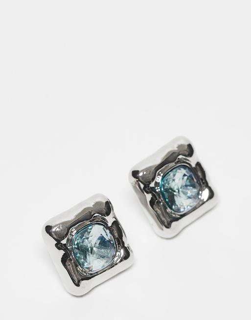 Reclaimed Vintage - Set di orecchini a bottone quadrati unisex argentati con pietra blu