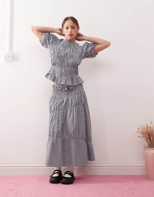Reclaimed Vintage – Set in Blau kariert mit gerafftem Detail