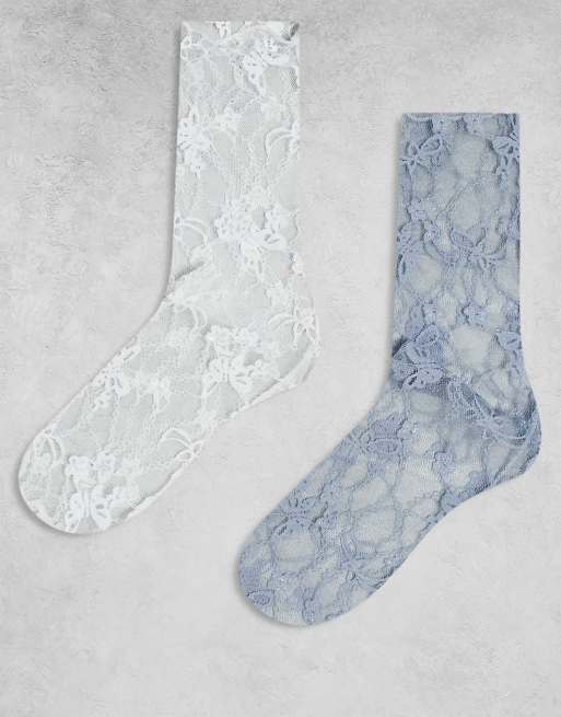 Reclaimed Vintage - Set van 2 paar enkelsokken van gebloemd mesh in wit en blauw