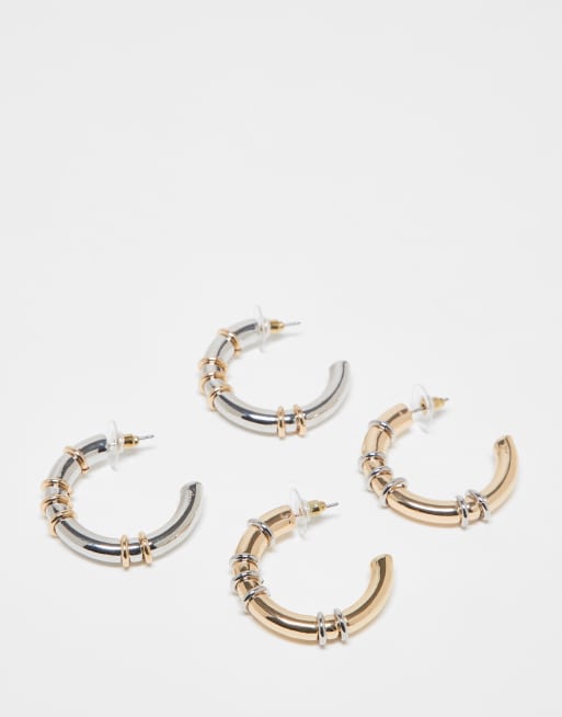 Reclaimed Vintage - Set van 2 paar stevige oorbellen in zilver en goud
