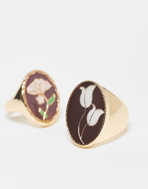 Reclaimed Vintage - Set van 2 ringen van emaille met bloemen in goudkleur, 2 van 3
