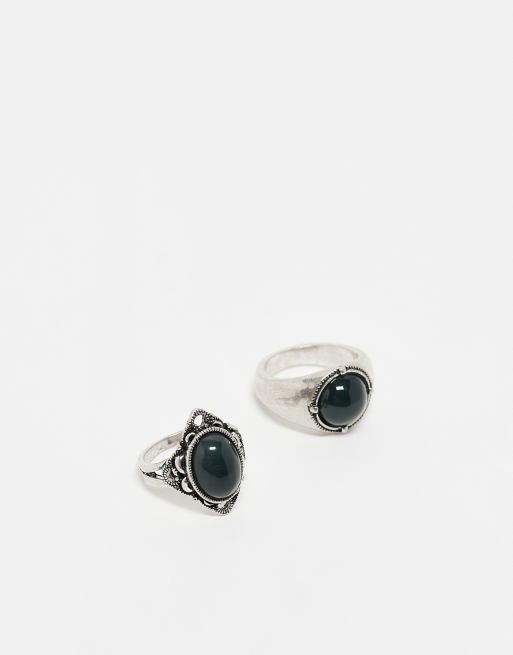 Reclaimed Vintage - Set van 2 uniseks ringen met siersteentjes in gepolijst zilver