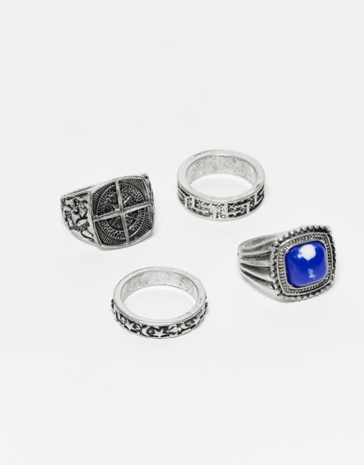 Reclaimed Vintage - Set van 4 ringen met blauwe siersteen in zilverkleur