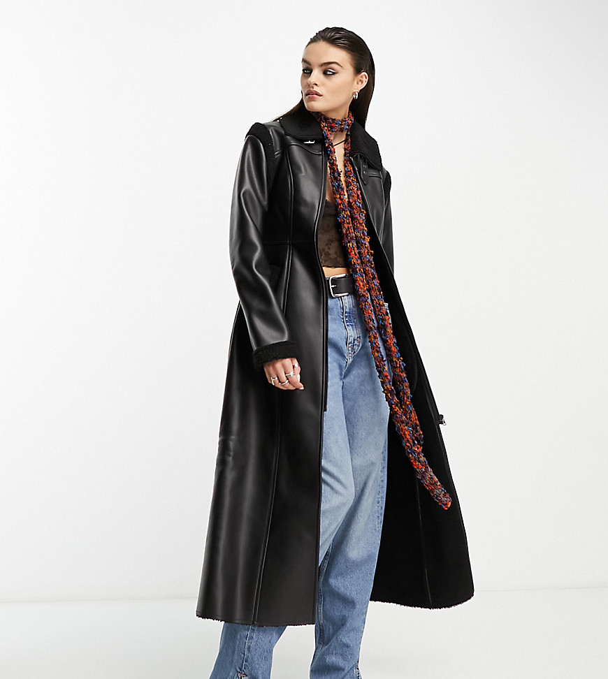 reclaimed vintage shearling longline coat in black